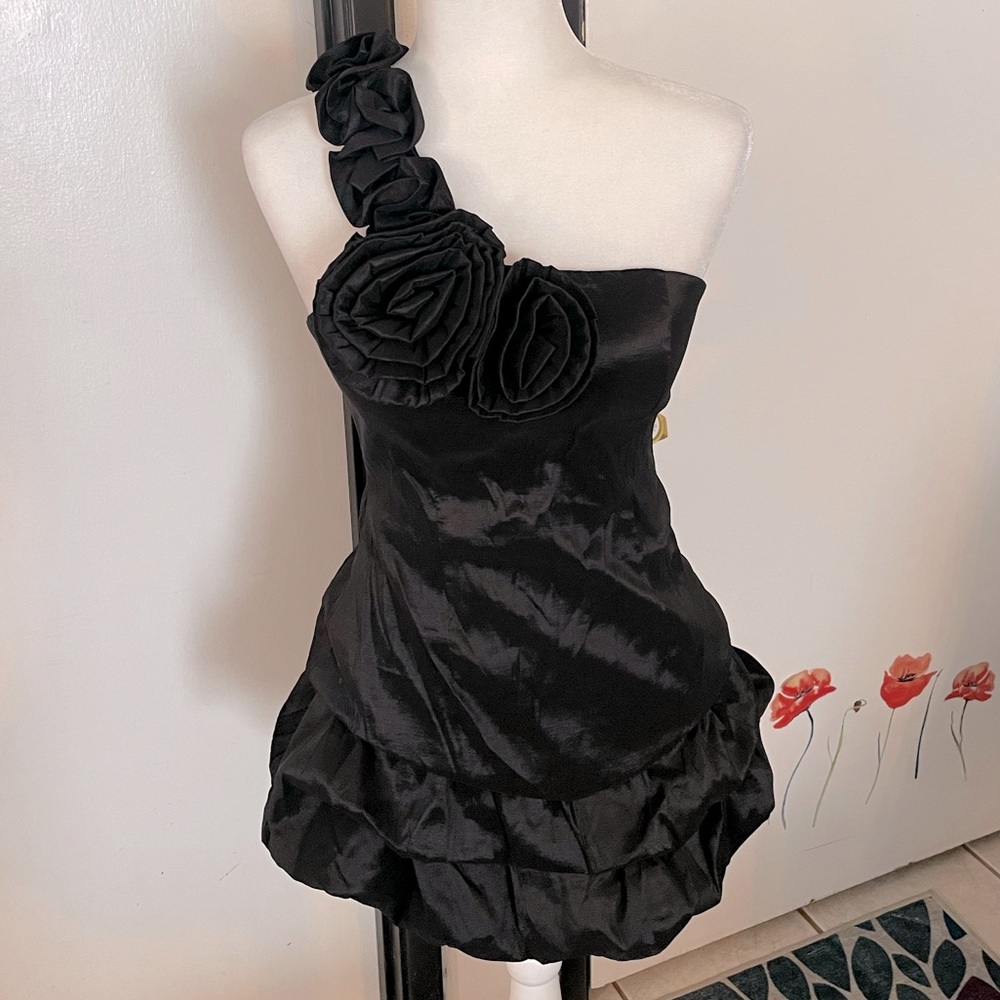 Black cocktail dress one strap with rose detail and ruffle